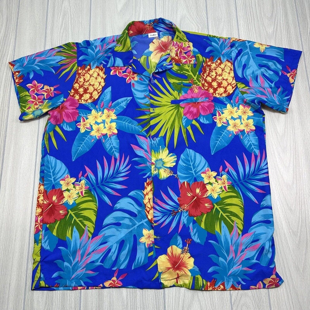 King Kameha Men's XXL Hawaiian Button Up Shirt Floral Pineapple Funky Vibrant